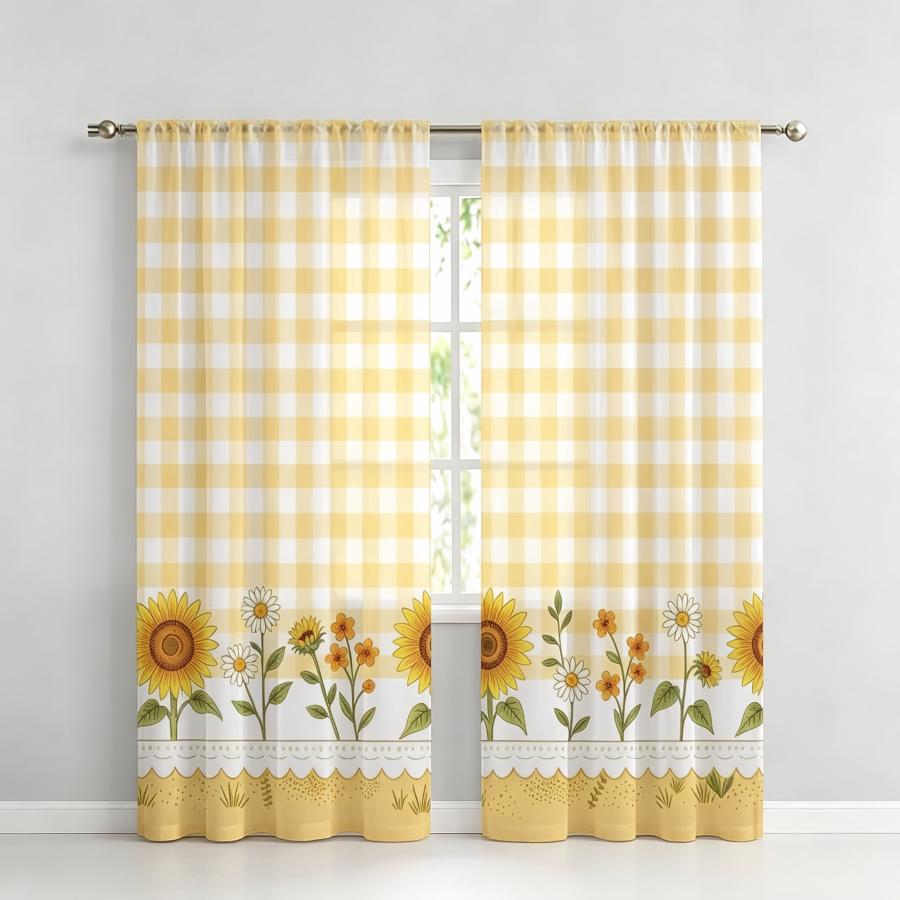 2PCS Digital Print Sheer Curta - огляд і ціна Home Decor Yellow