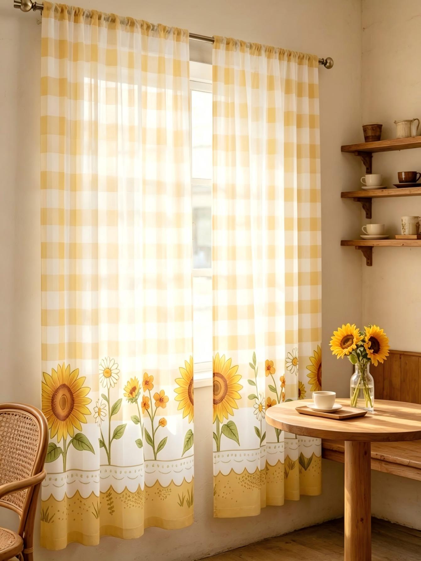 2PCS Digital Print Sheer Curta - огляд і ціна Home Decor Yellow