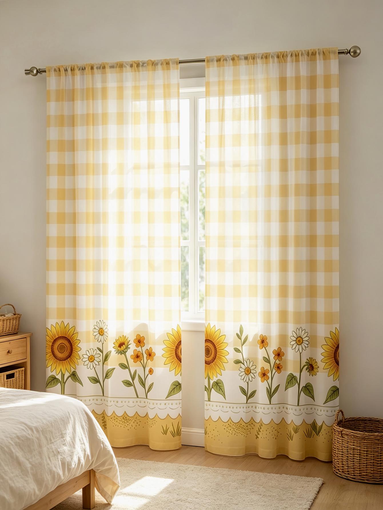 2PCS Digital Print Sheer Curta - огляд і ціна Home Decor Yellow
