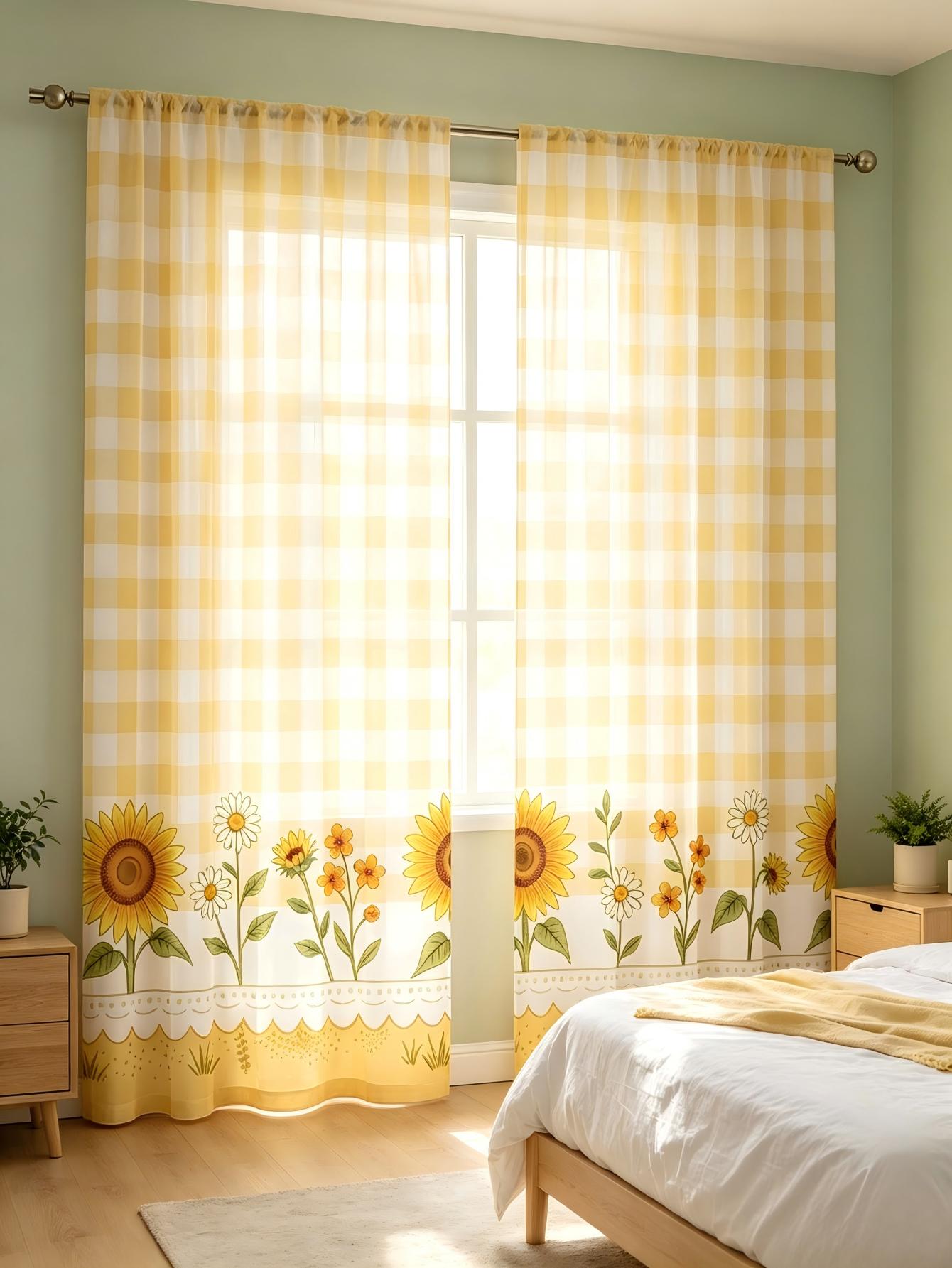2PCS Digital Print Sheer Curta - огляд і ціна Home Decor Yellow
